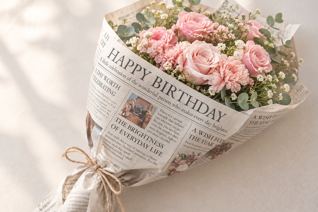 【英字新聞風ラッピングペーパー：誕生日ver.】カラー版