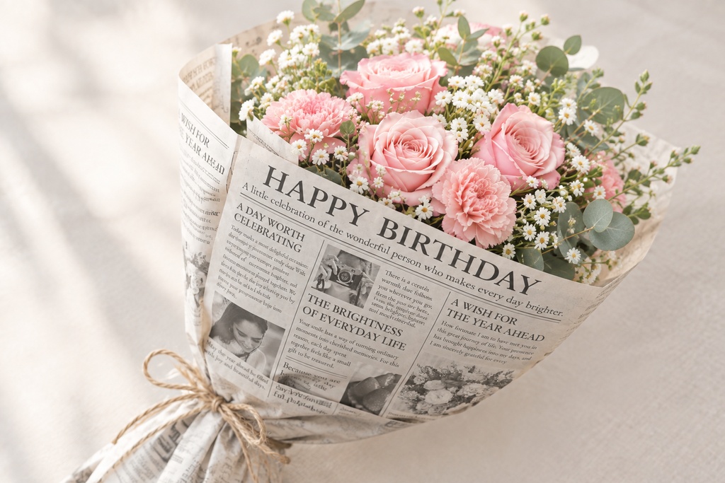 【英字新聞風ラッピングペーパー：誕生日ver.】白黒版
