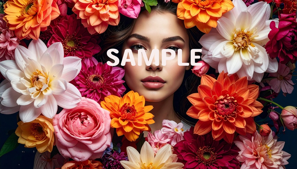 【AI生成】「Vivid Bloom」- 鮮彩な花々と乙女のポートレート壁紙セット(5枚入り・2.7K)