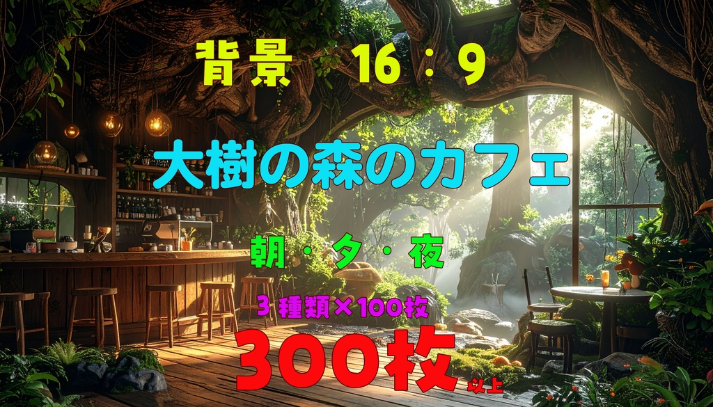 【背景素材/300枚以上】大樹の森の隠れ家カフェ（朝・夕・夜）16:9 / 配信・ゲーム・TRPG