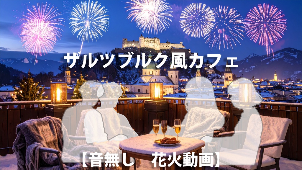 【動画素材】ザルツブルク風カフェの夜景と花火（音無し）/ 配信背景