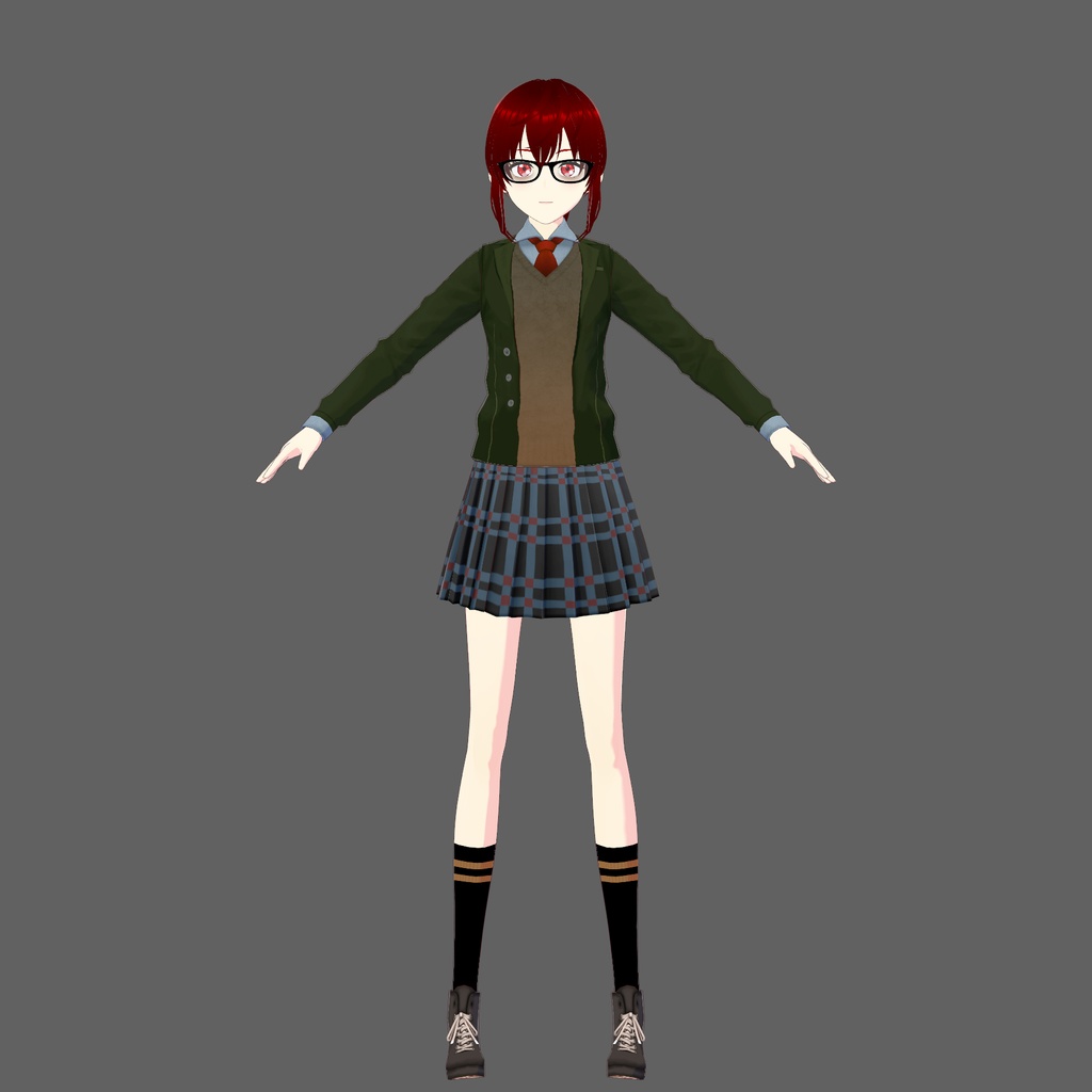 Semi-Formal Vroid Outfit with Blue Checkered Skirt and Olive Jacket