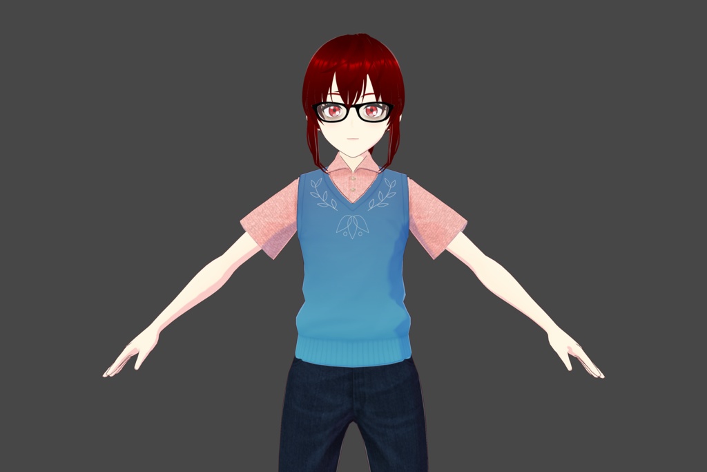 Pink Half-Sleeve Vroid Shirt with Blue Sweater