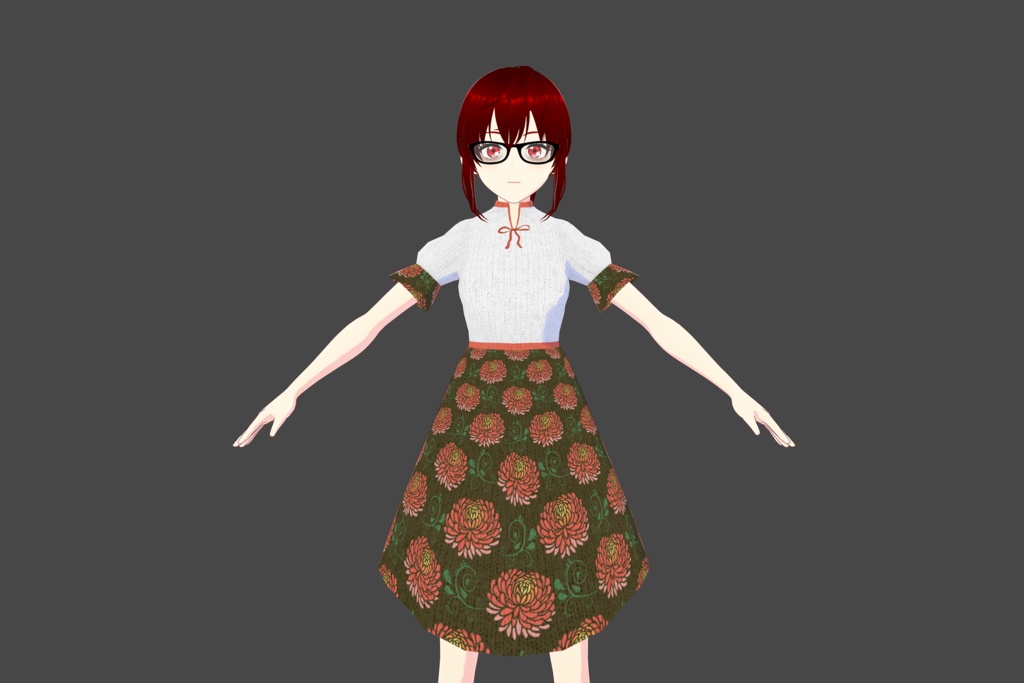 White/Brick-Red/Brown Floral Vroid Dress