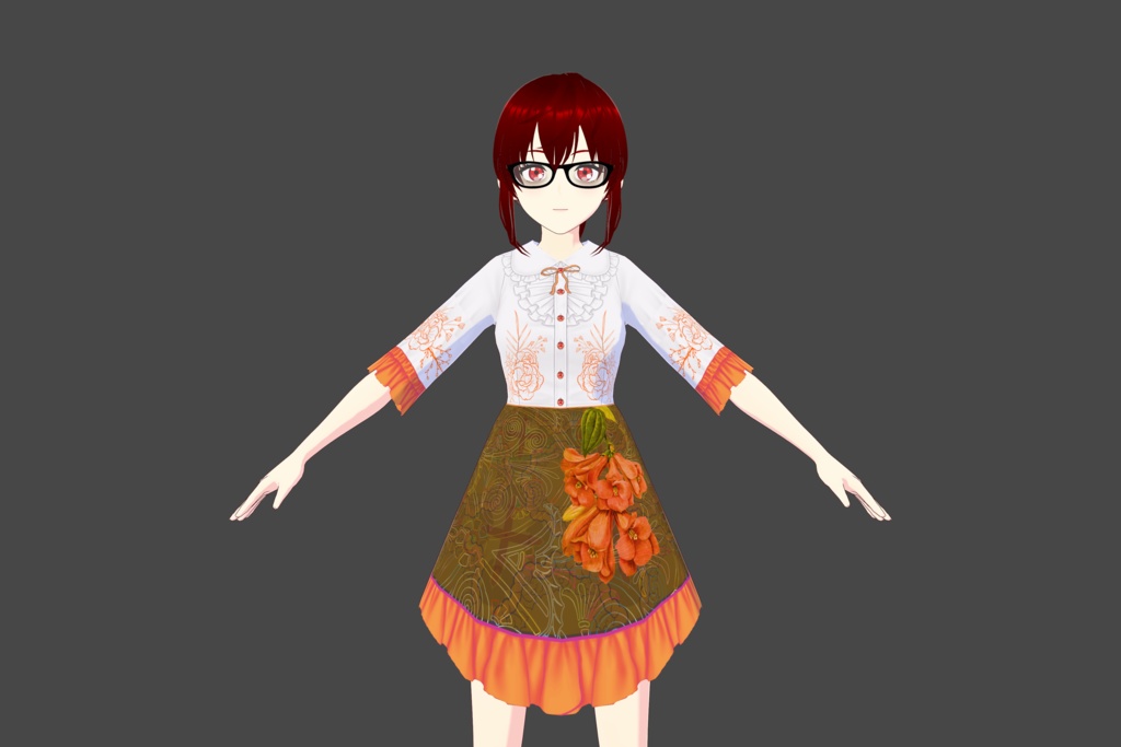 White/Orange Frilled Floral Vroid Dress