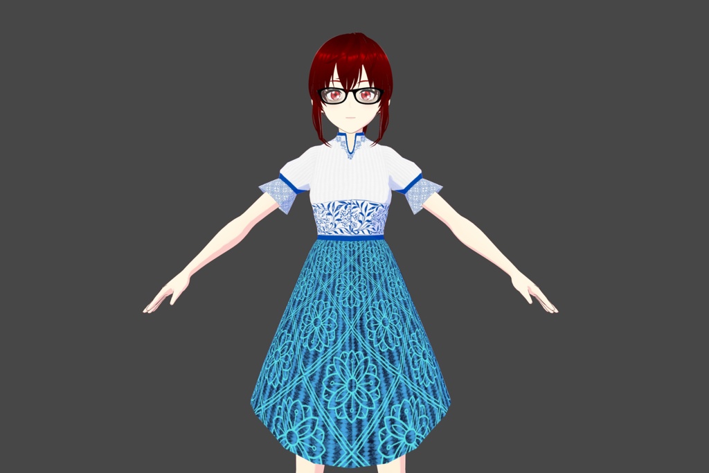 White Blue Floral Vroid Half-Sleeve Dress