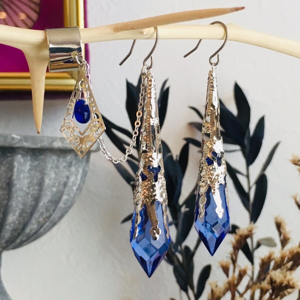 色変更可能 *イロアソビ* 青のシャンデリア チェコ ドロップ イヤーカフ