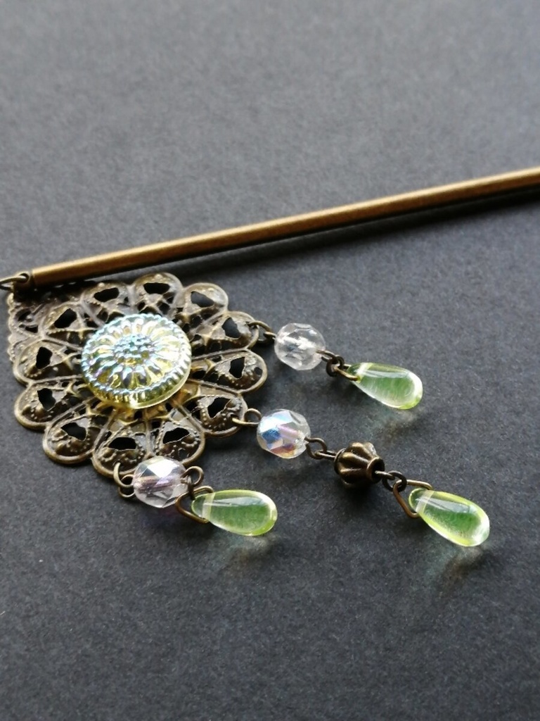 イロアソビ ヴィンテージ ウランガラス 簪 ネックレス変更可能