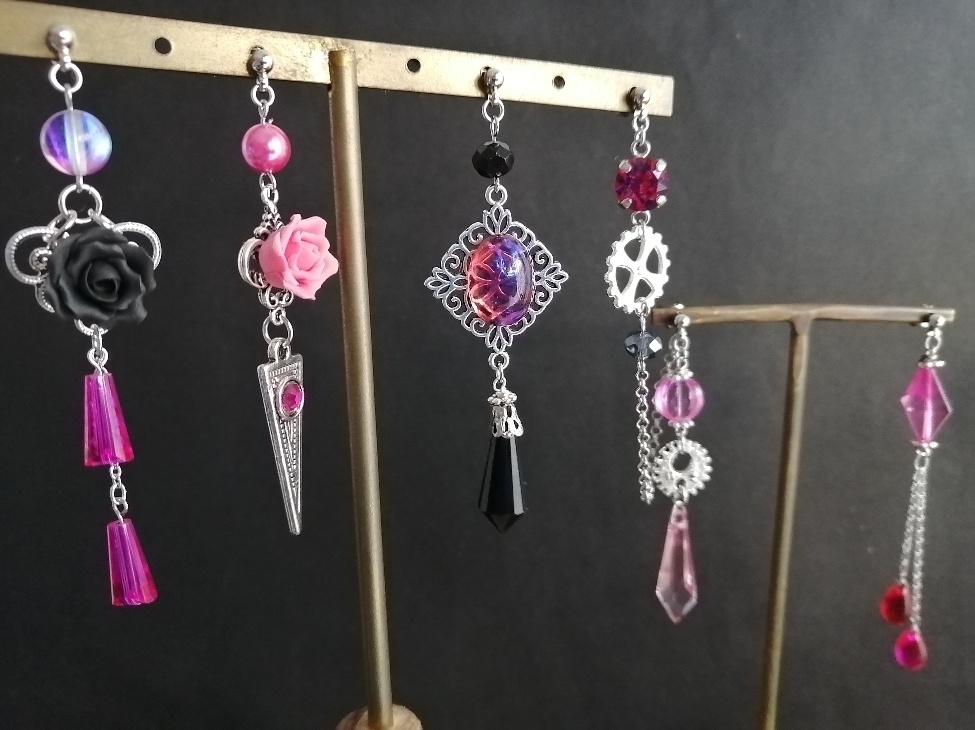 夜の魔術部 黒とピンク 黒薔薇 ダブルピアス1セット ノーマル4本 セット