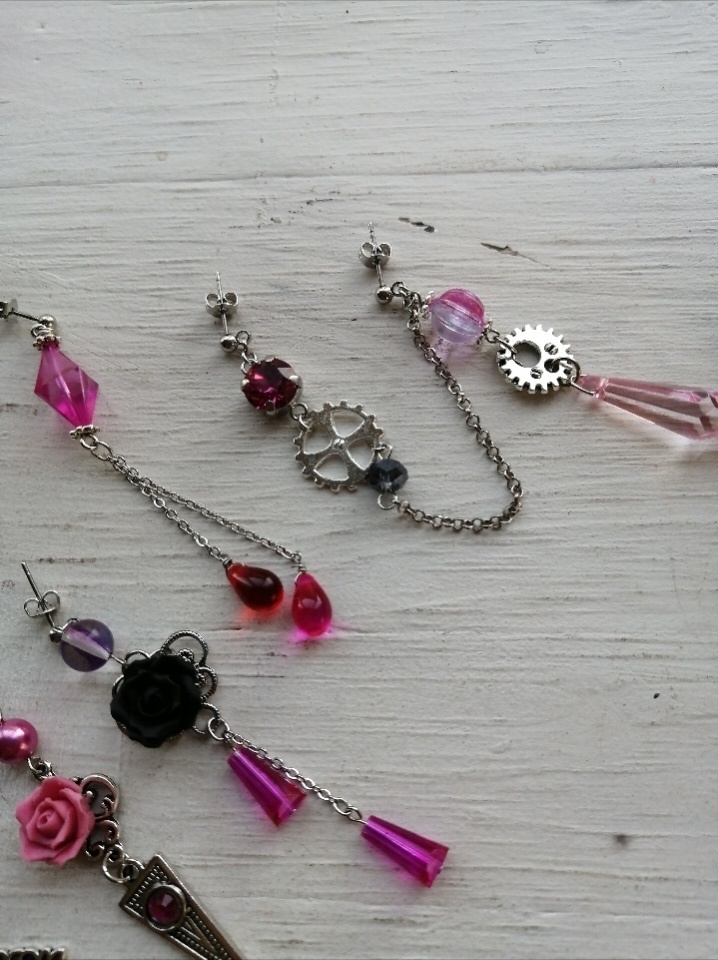 夜の魔術部 黒とピンク 黒薔薇 ダブルピアス1セット ノーマル4本 セット