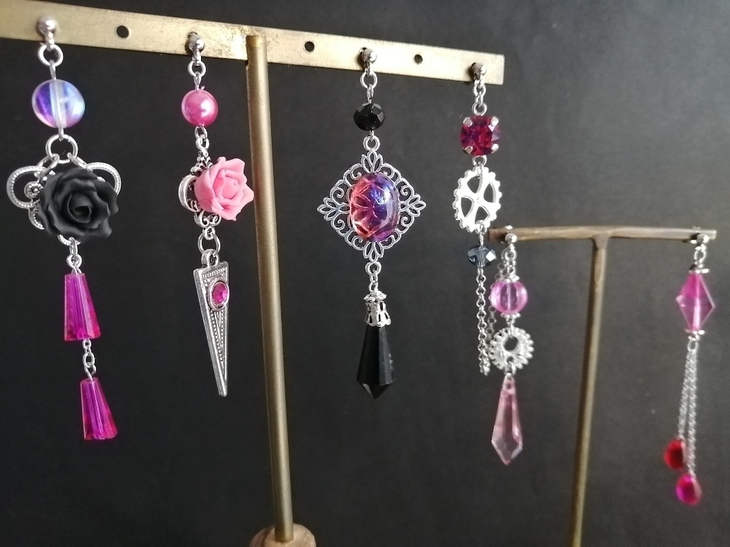 夜の魔術部 黒とピンク 黒薔薇 ダブルピアス1セット ノーマル4本 セット