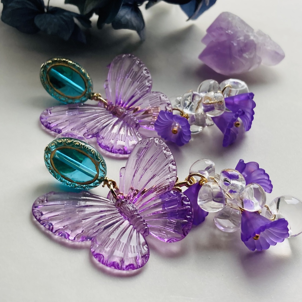 イロアソビ 紫蝶としゃら花 ピアス イヤリング