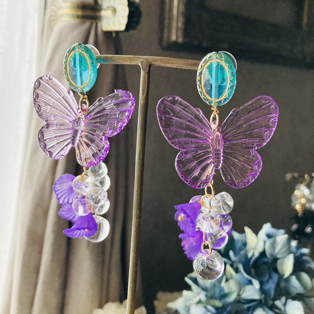 イロアソビ 紫蝶としゃら花 ピアス イヤリング