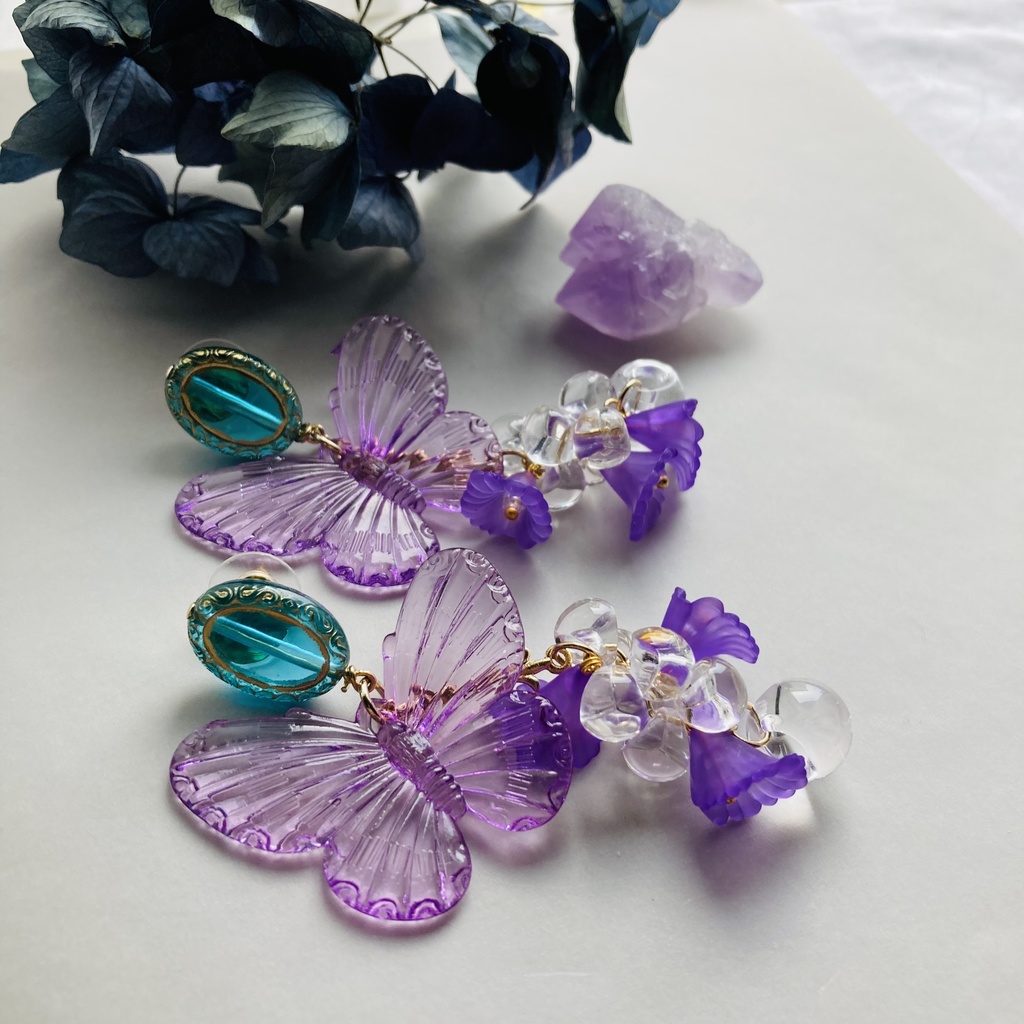 イロアソビ 紫蝶としゃら花 ピアス イヤリング