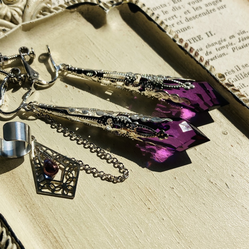 再販 色変更可能 *イロアソビ*菫のかけら シャンデリア チェコ ドロップ イヤーカフ ピアス イヤリング