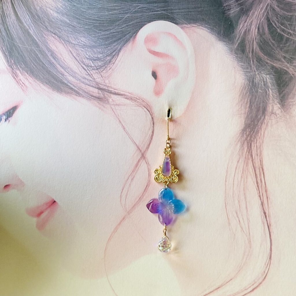 グラデーション紫陽花とフローライト ピアス イヤリング