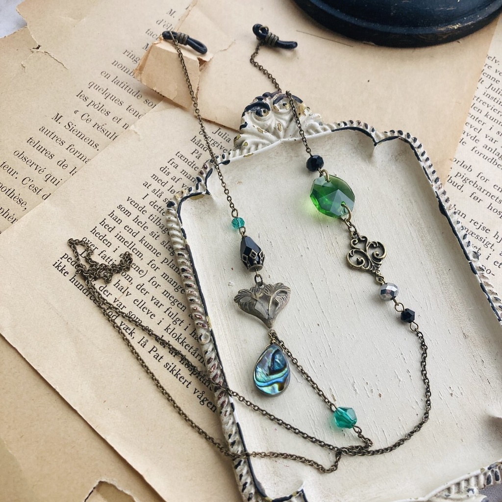 色変更オーダー可能 メガネコード グリーンガラスとアバロンシェル メガネストラップ