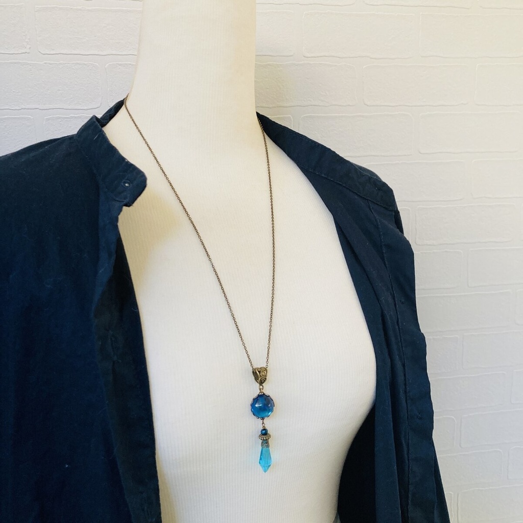 再販 大粒 ブルーカボション シャンデリアガラス ネックレス