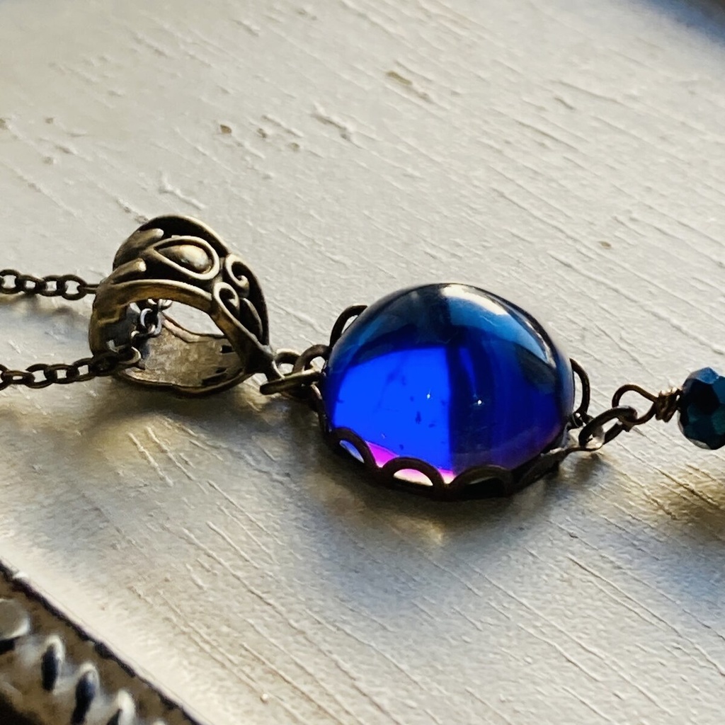 再販 大粒 ブルーカボション シャンデリアガラス ネックレス