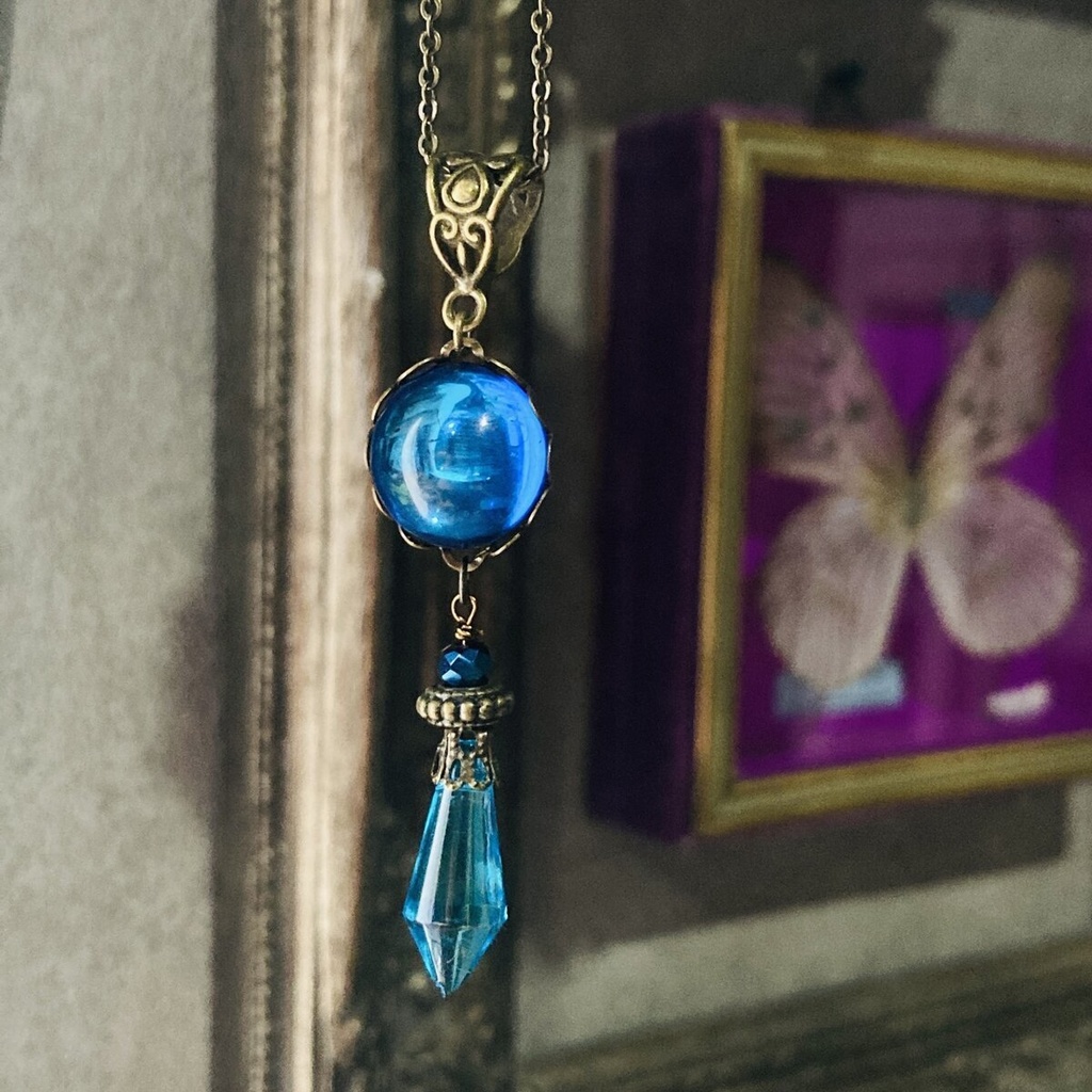 再販 大粒 ブルーカボション シャンデリアガラス ネックレス