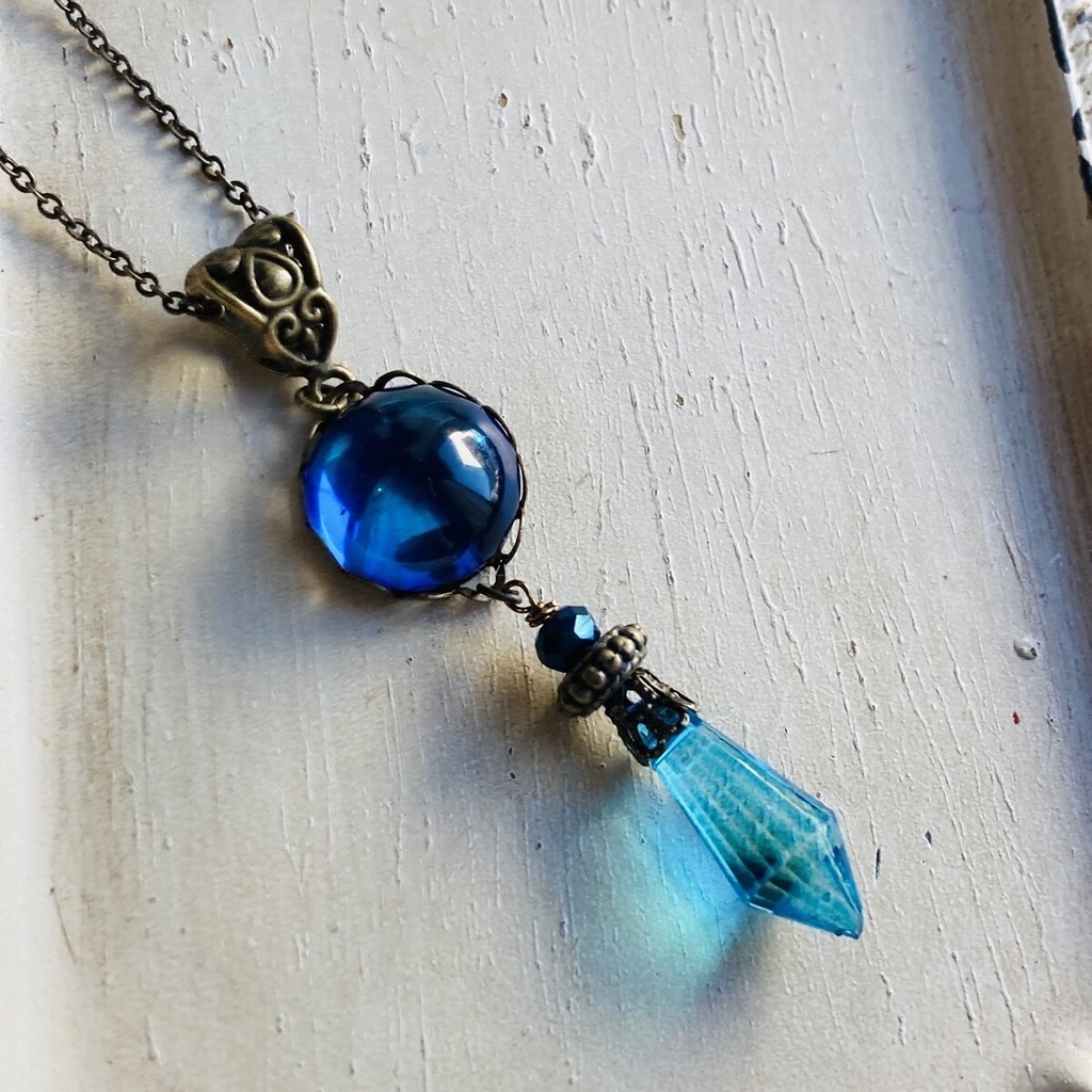 再販 大粒 ブルーカボション シャンデリアガラス ネックレス