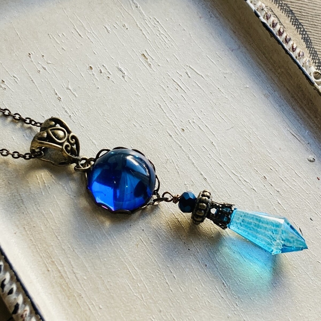 再販 大粒 ブルーカボション シャンデリアガラス ネックレス