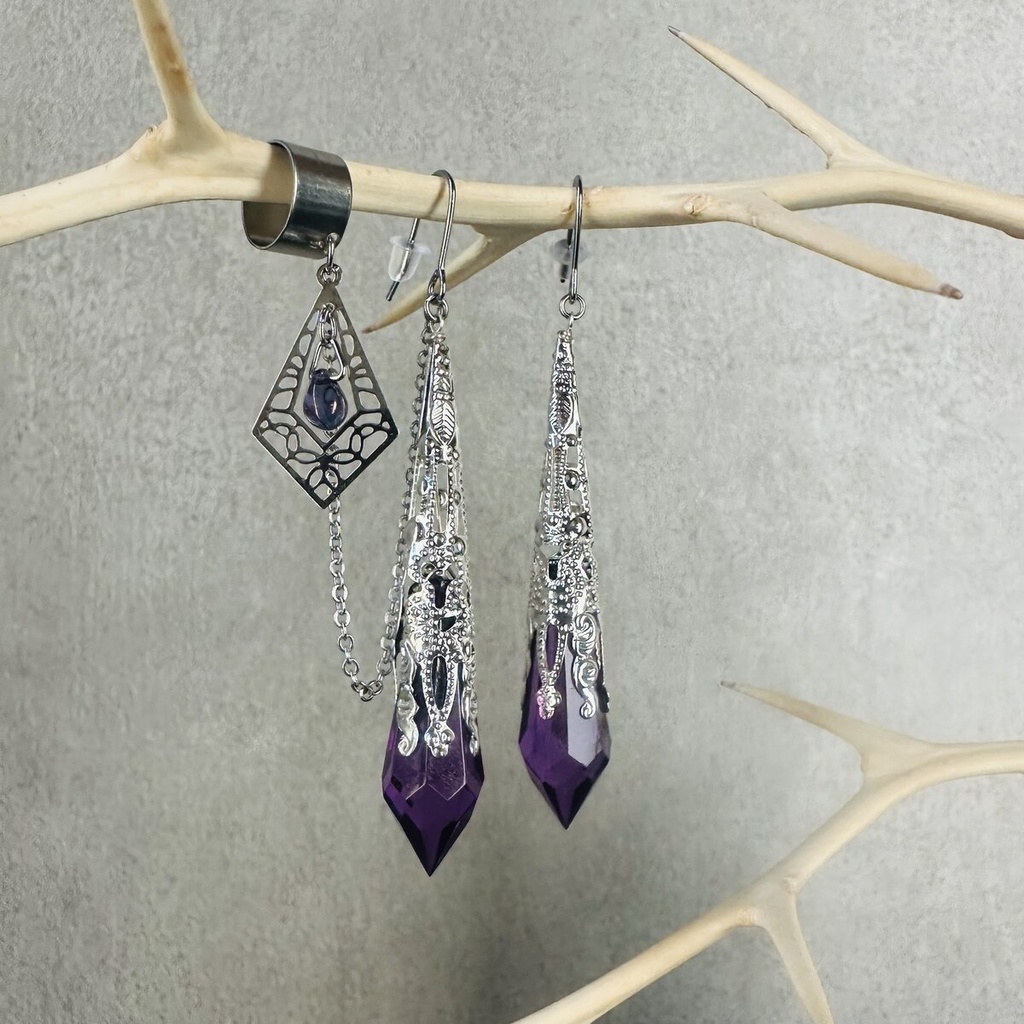 色変更可能 *イロアソビ* 紫のシャンデリア チェコ ドロップ イヤーカフ