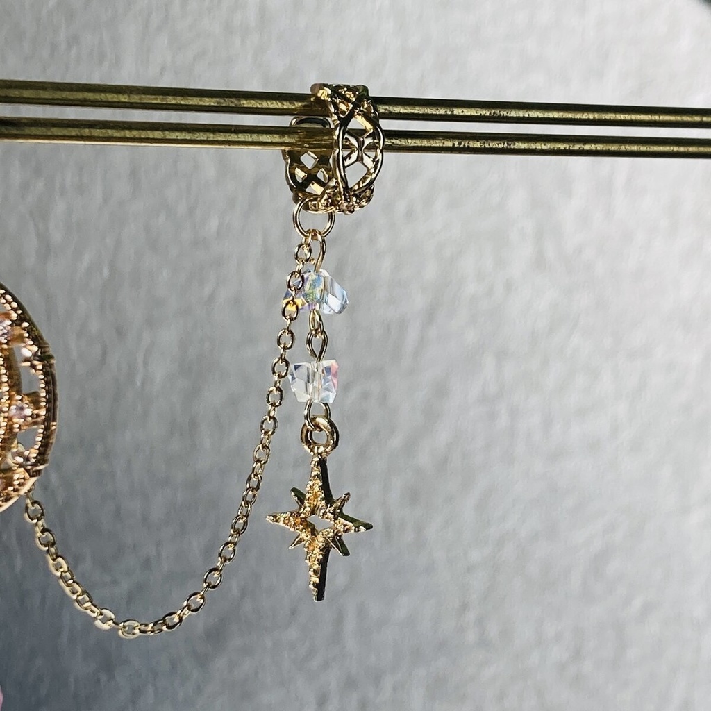 夜の魔術部 星と月のビジュー オーロラガラス ピアス(イヤリング)+イヤーカフ 片耳用 説明文必読