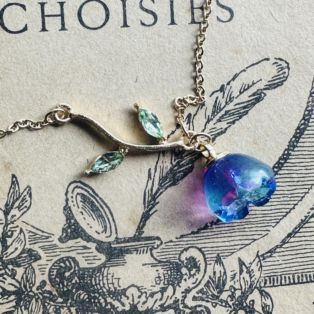 再販 イロアソビ 幻想花 青×ピンク ガラス花 ネックレス