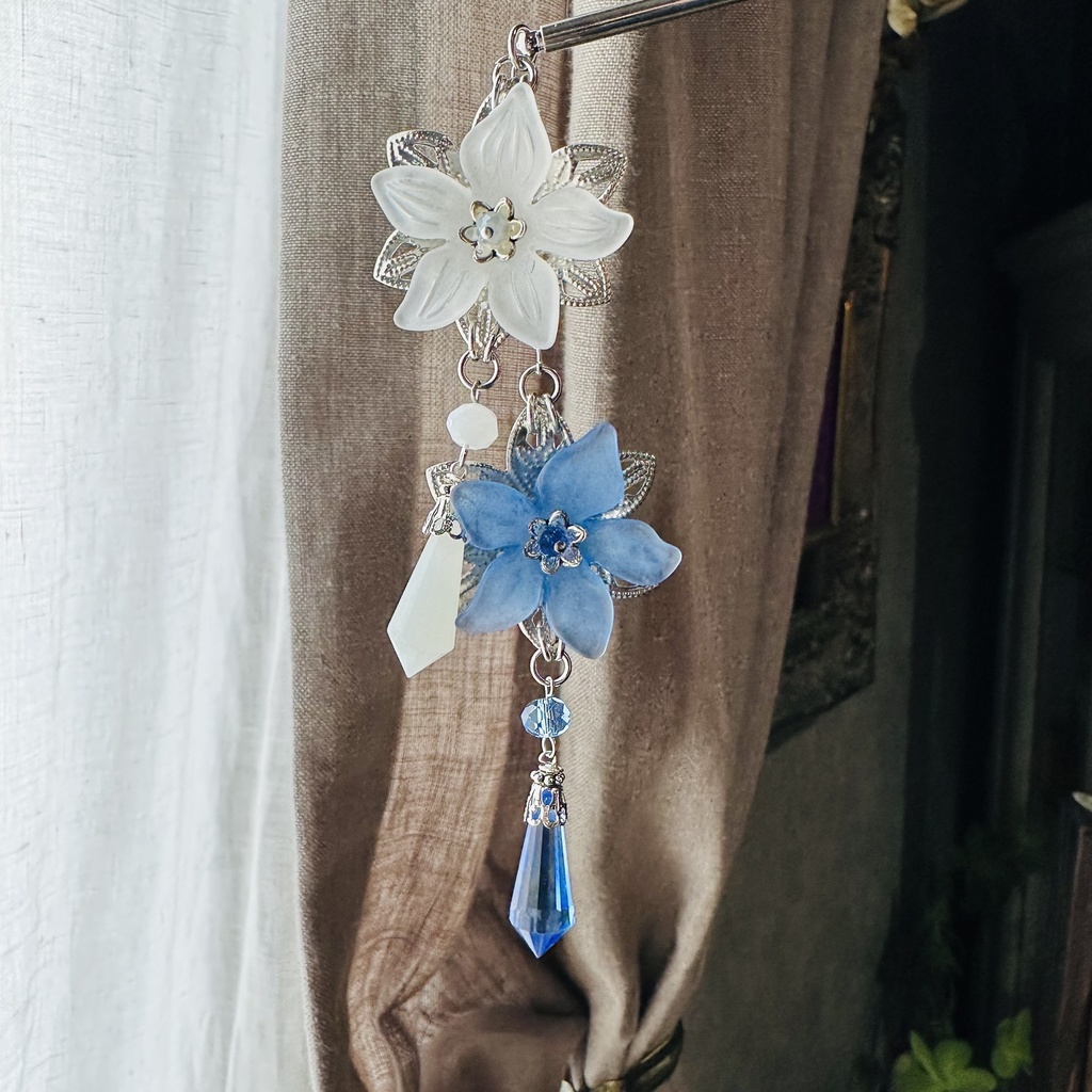 手毬屋 涼し簪 青花 白花 シャンデリアガラス 簪 着物浴衣 洋服でも