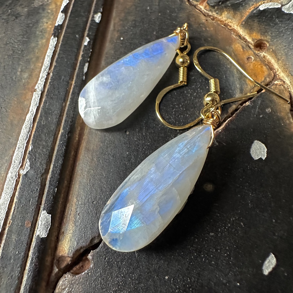 超大粒 30mm 青光 レインボームーンストーン ドロップ ピアス イヤリング 14kgf