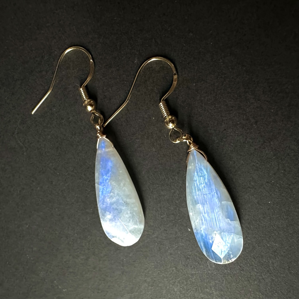 超大粒 30mm 青光 レインボームーンストーン ドロップ ピアス イヤリング 14kgf