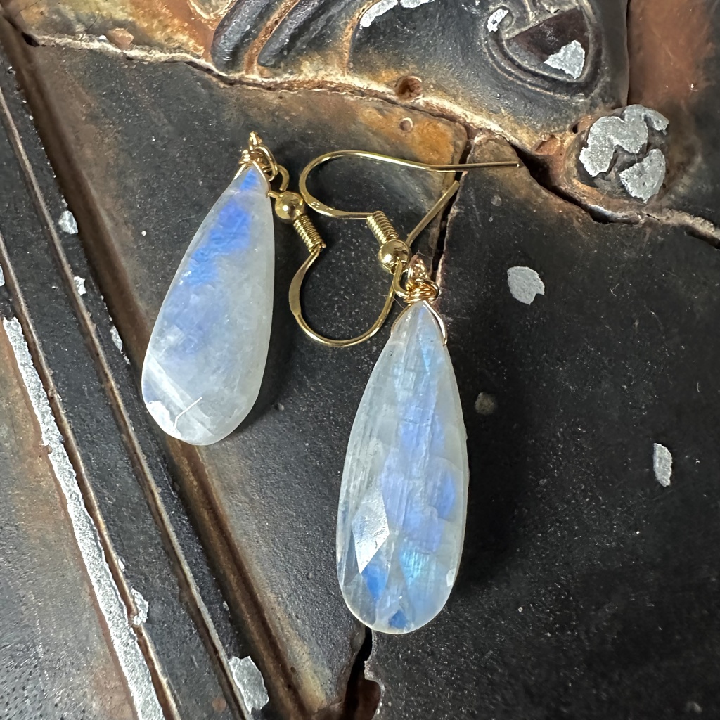 超大粒 30mm 青光 レインボームーンストーン ドロップ ピアス イヤリング 14kgf