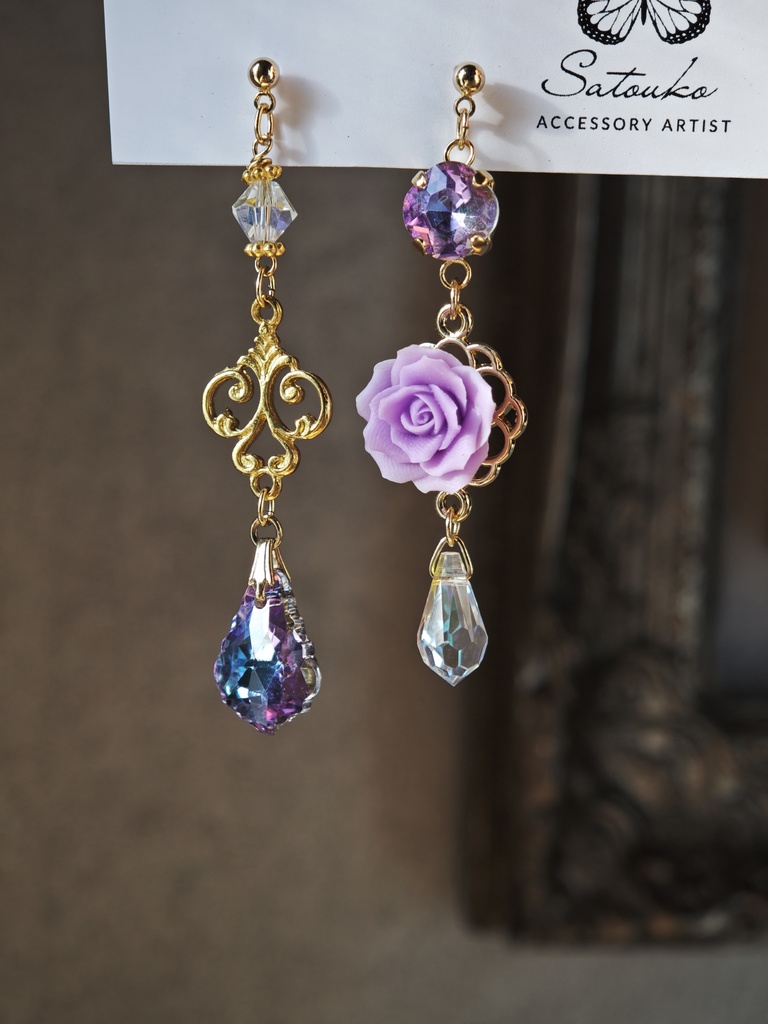 送料込　イロアソビ＊　紫薔薇　ヴィトライユ　ガラス　ピアス　