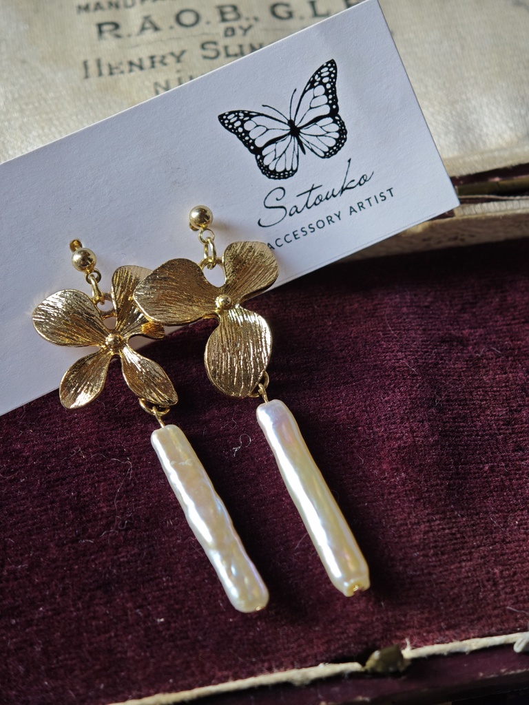 送料無料 スティックパール ゴールド 花 ピアス イヤリング 真珠