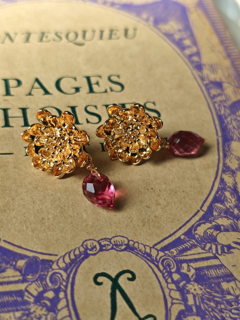 送料無料 現品のみ ダリア ストロベリーカラークォーツ ピアス k16gp