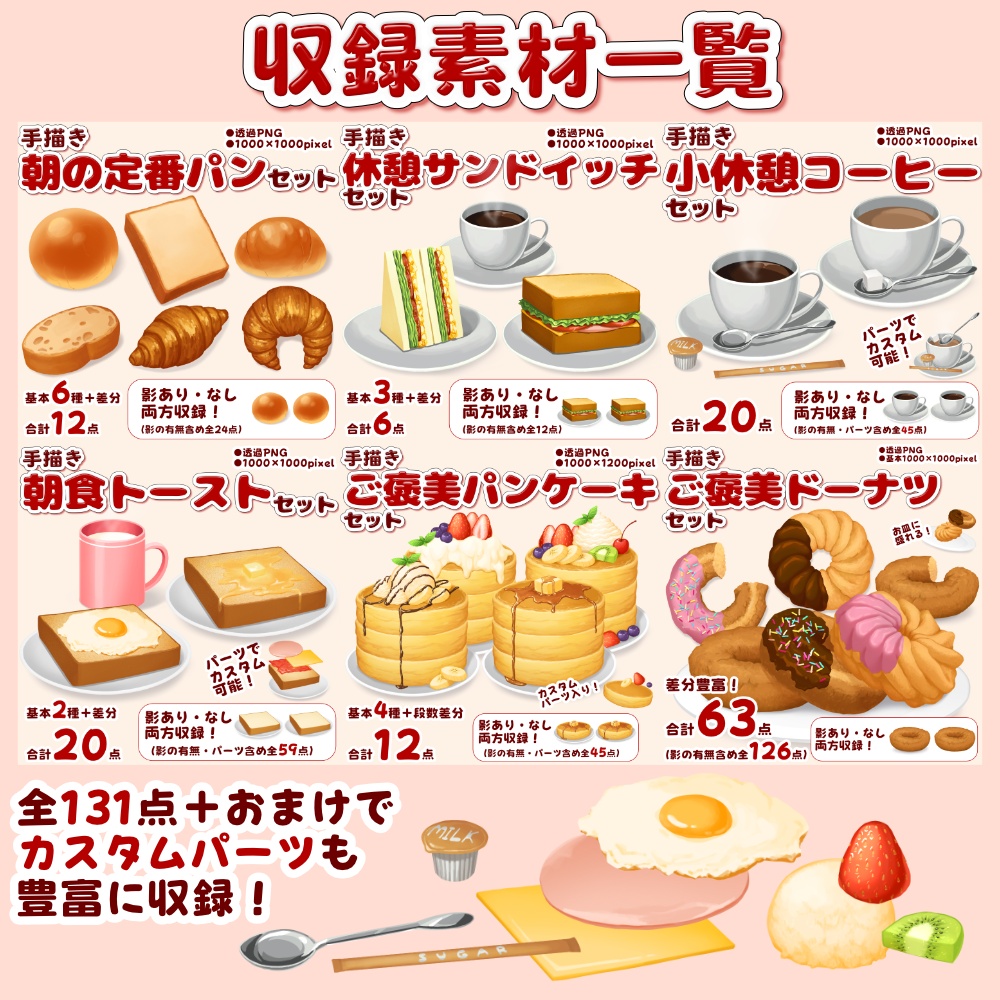【配信・TRPG向け素材】朝食・軽食・おやつまとめパック【全131点+影差分合計262点+カスタムパーツ多数】