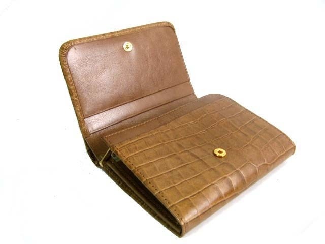L字ファスナー二つ折り財布 牛革型押しクロコダイル ブラウン