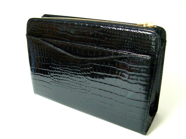 エナメル革 財布付クラッチバッグ ブラック