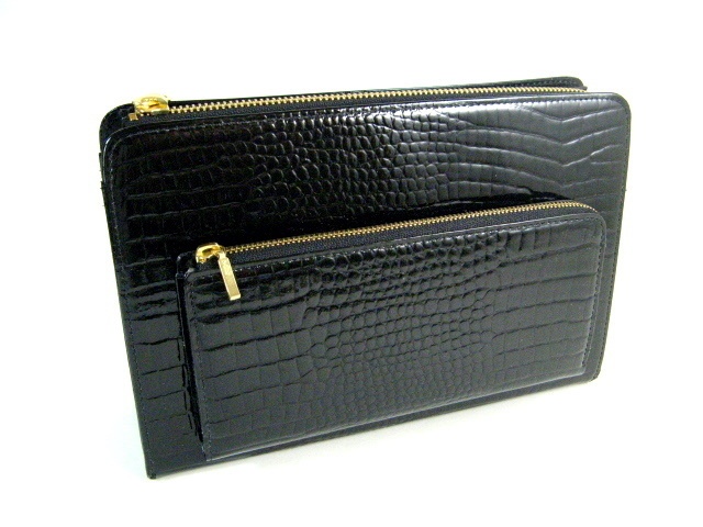 エナメル革 財布付クラッチバッグ ブラック