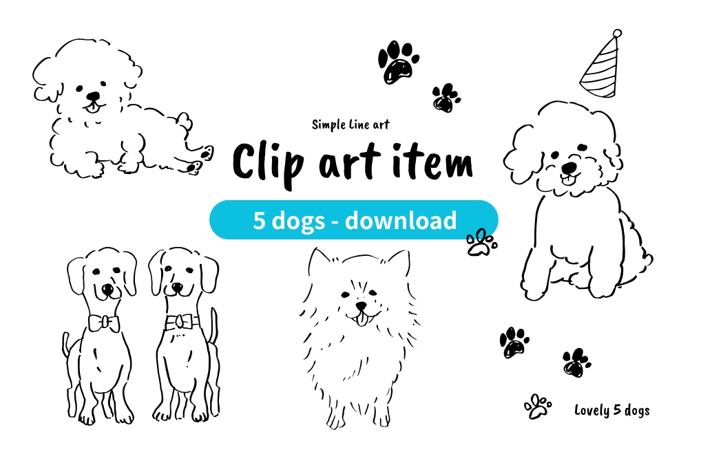 🐾 犬のゆるい線画 🐾  イラストセット（透過PNG） クリップアート