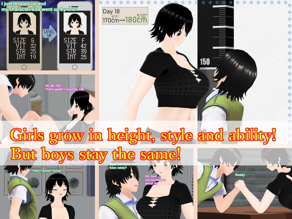 Outgrowing only girls, Overtake boys, Stat building game App Arc (pdf, jpg, mp4)