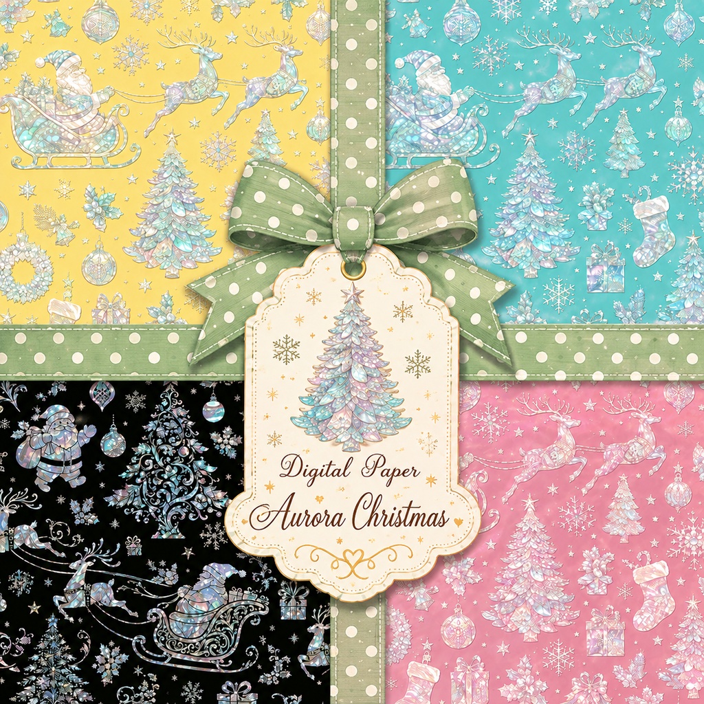 デジタルペーパー|オーロラクリスマス|螺鈿風 Christmas Paper4種