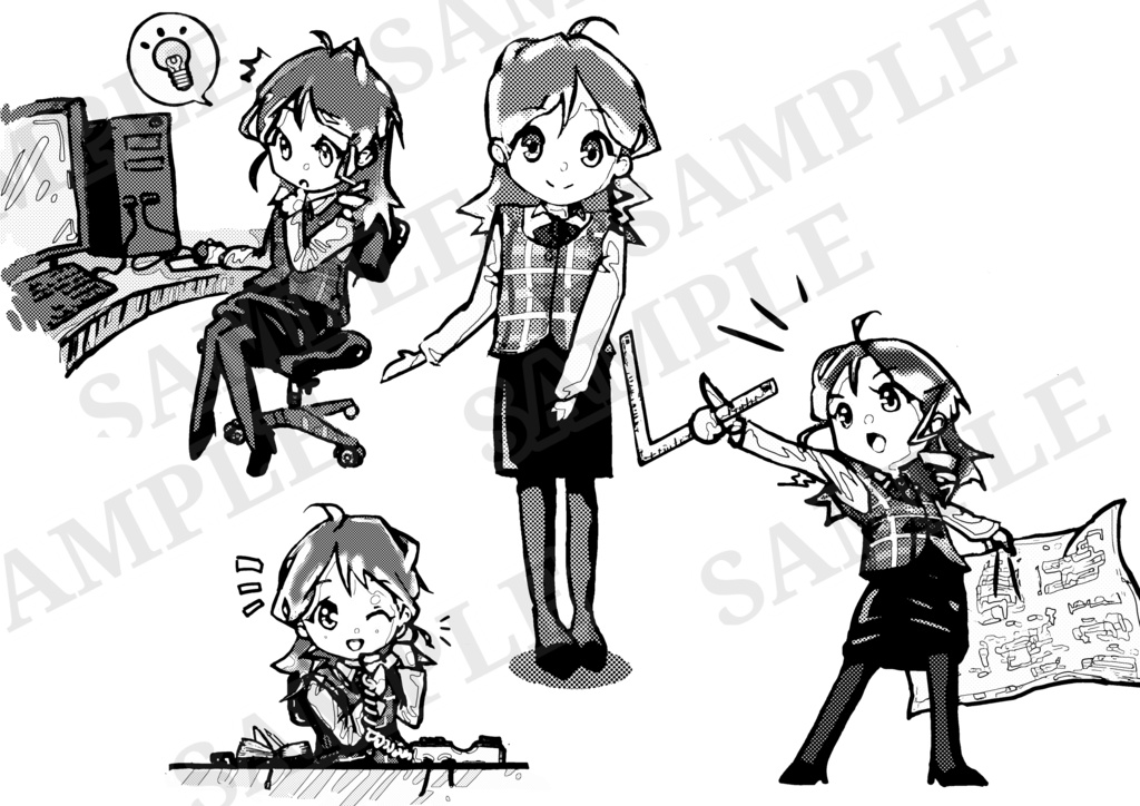 オフィス・設計ワーク女子「キリコちゃん」ポーズ素材セット背景透過PNG / Ver.1