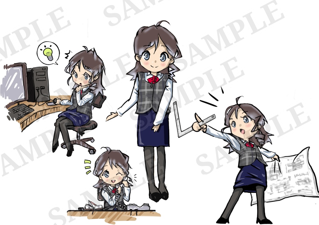オフィス・設計ワーク女子「キリコちゃん」ポーズ素材セット背景透過PNG / Ver.1