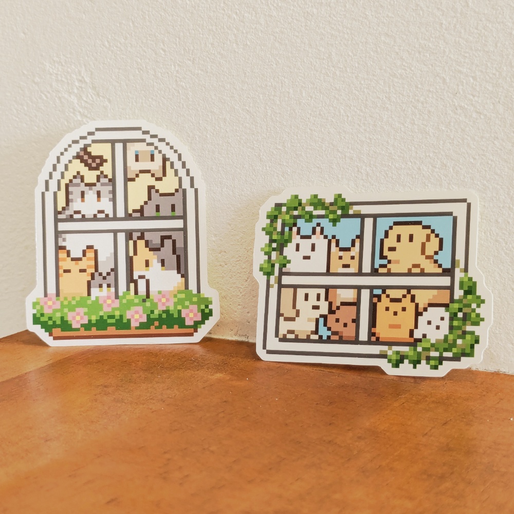 ドット絵、窓から犬猫ステッカー