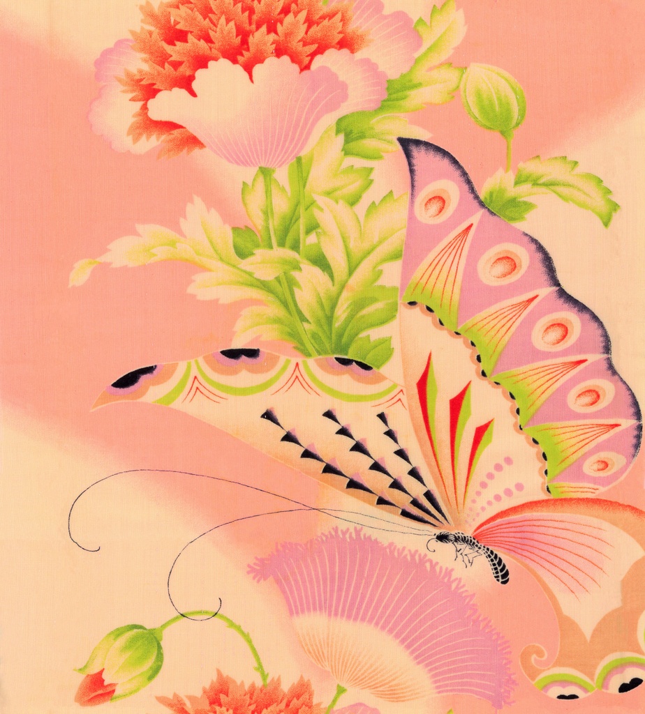 芥子の花に蝶　帯反物