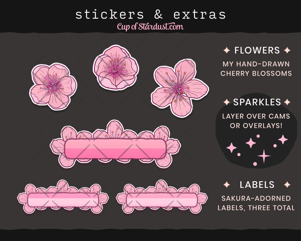 配信画面パック・さくらピンク色の桜ビデオとOBSのオバーレイ・かわいい花のデザイン