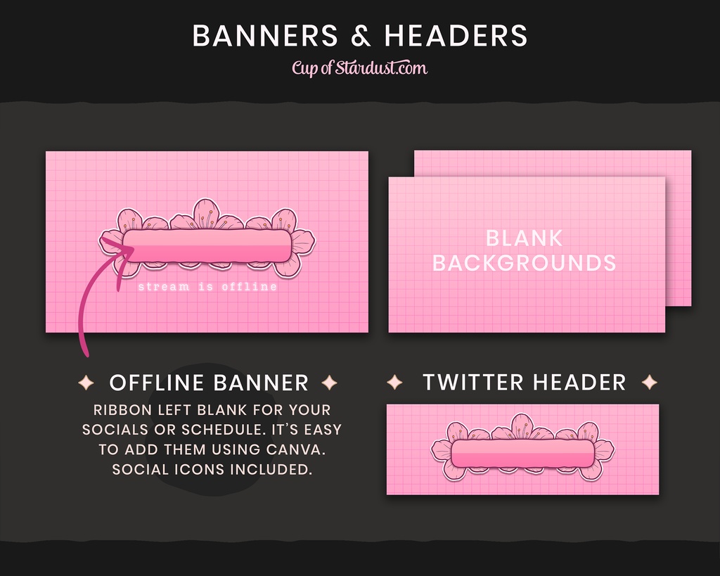 配信画面パック・さくらピンク色の桜ビデオとOBSのオバーレイ・かわいい花のデザイン