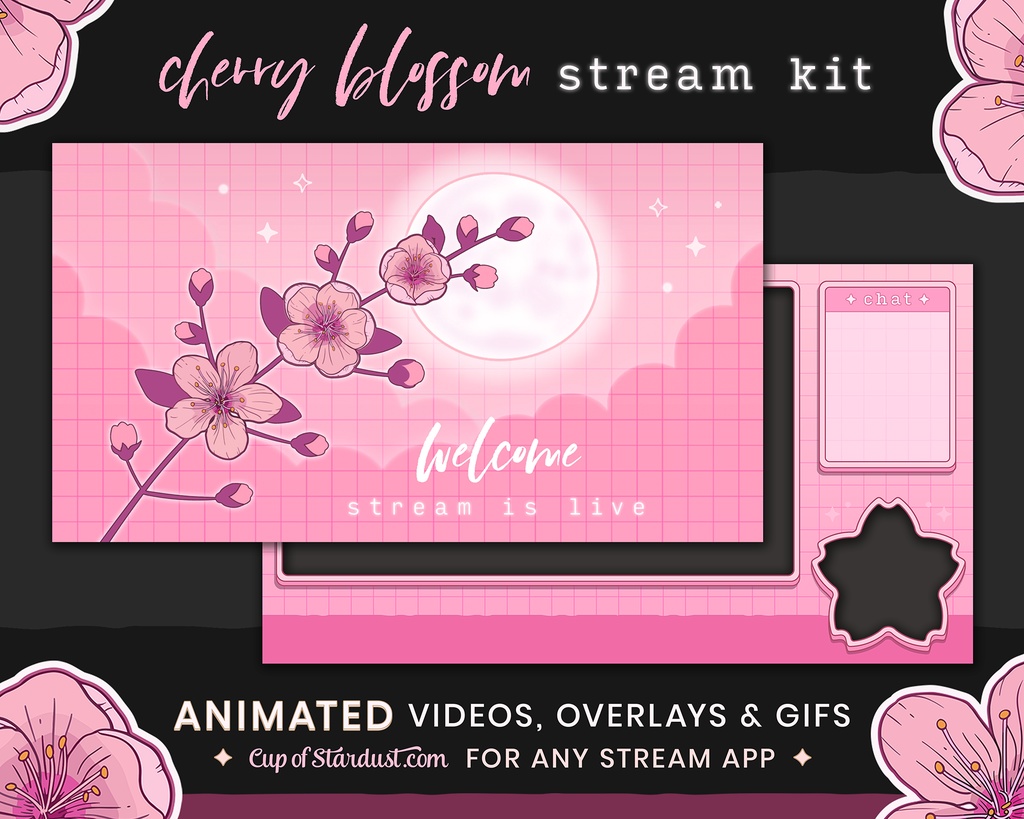 配信画面パック・さくらピンク色の桜ビデオとOBSのオバーレイ・かわいい花のデザイン